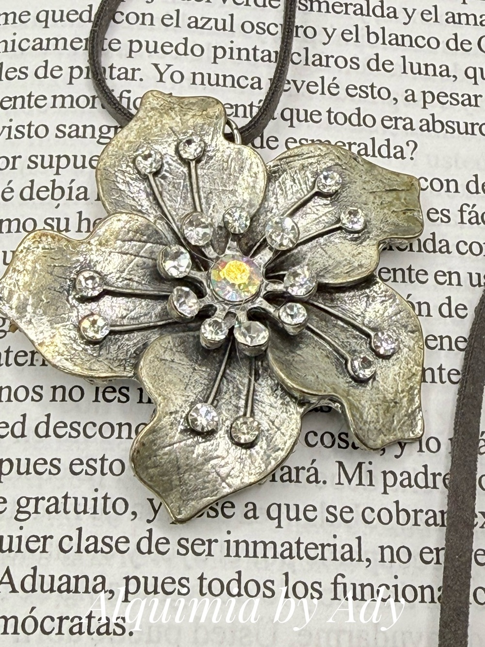 Silver huge flower Pendant Necklace with Light Gray Suede Cord